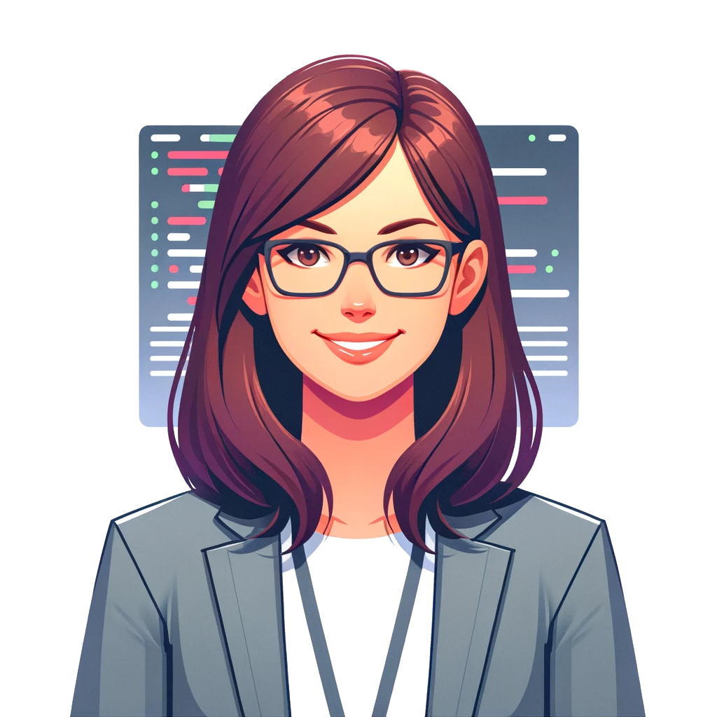 Digital illustration of Ester Beltrami, depicted as a professional woman with shoulder-length brown hair and glasses, wearing a blazer. She stands confidently against a background featuring tech-themed graphics, symbolizing her expertise in the field.