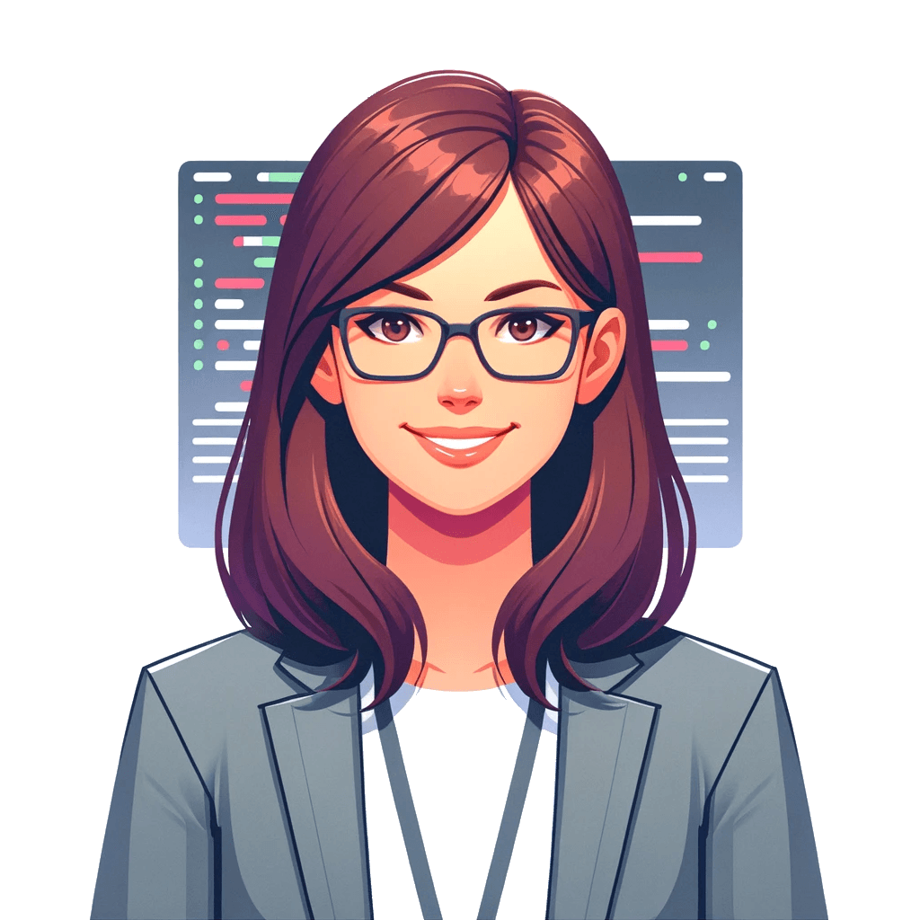 Digital illustration of Ester Beltrami, depicted as a professional woman with shoulder-length brown hair and glasses, wearing a blazer. She stands confidently against a background featuring tech-themed graphics, symbolizing her expertise in the field.